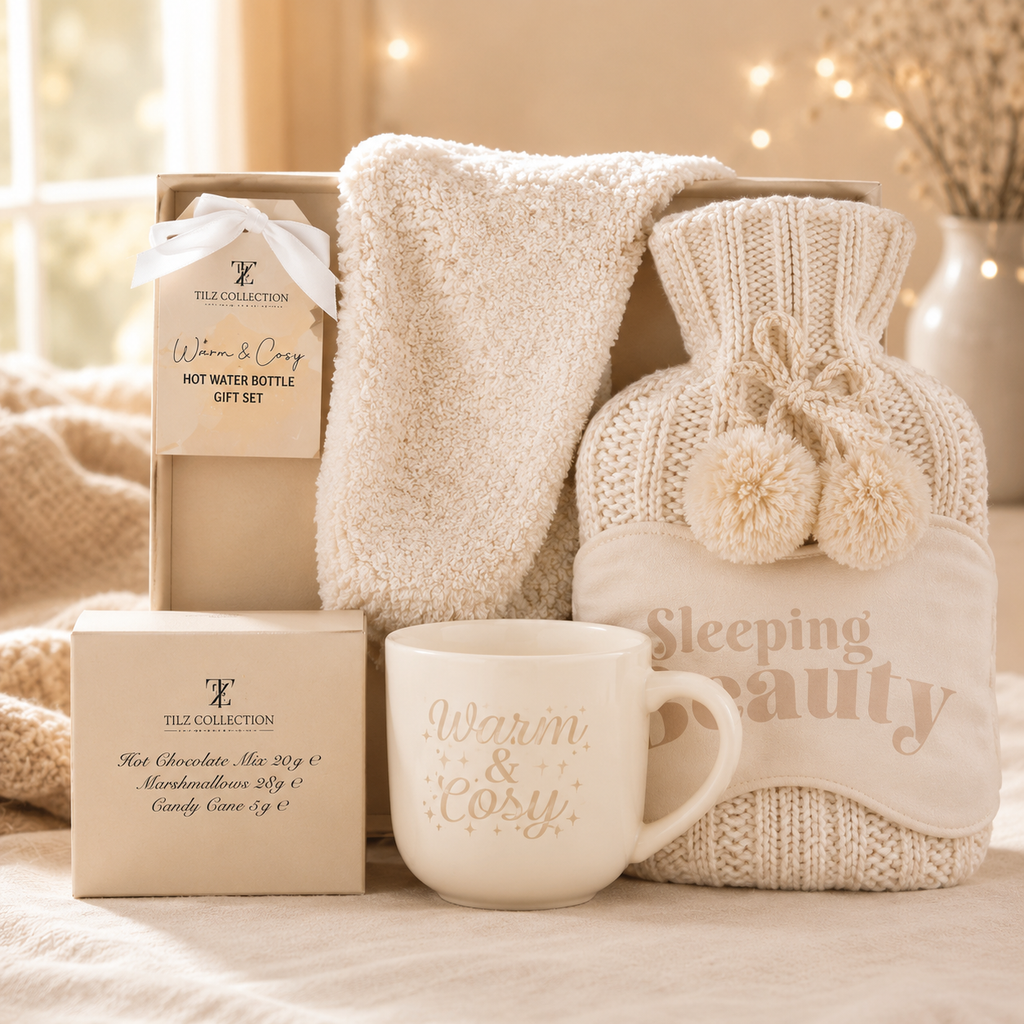 Tilz Collection Hot Water Bottle Gift Set for Her — lifestyle scene with cream hot water bottle, Warm and Cosy mug, plush socks, hot chocolate treats and Sleeping Beauty eye mask with warm bokeh lights