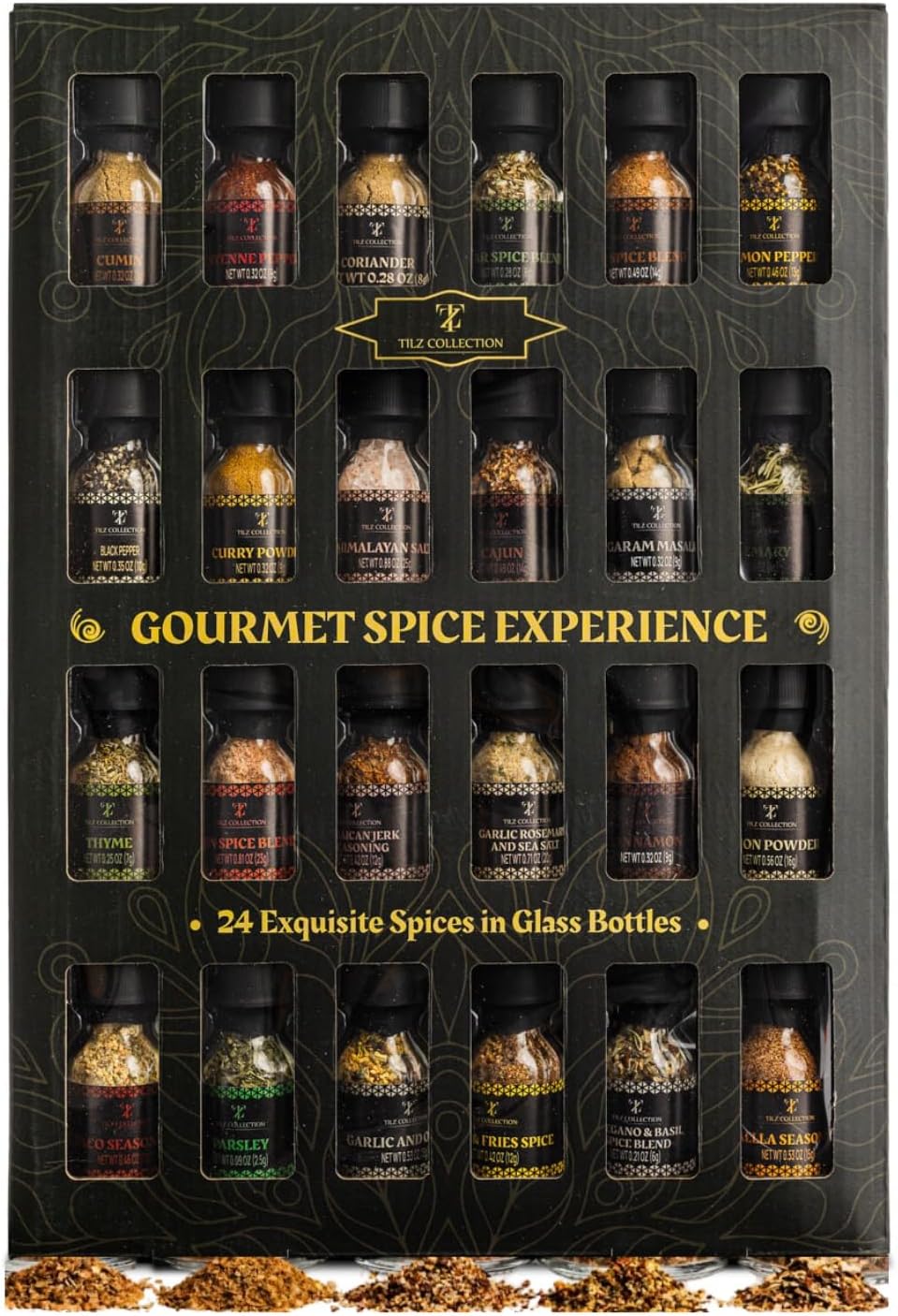 Tilz Collection Imperial Chefs Spice Library 24 premium glass jars of gourmet spices and herbs displayed in decorative gift box