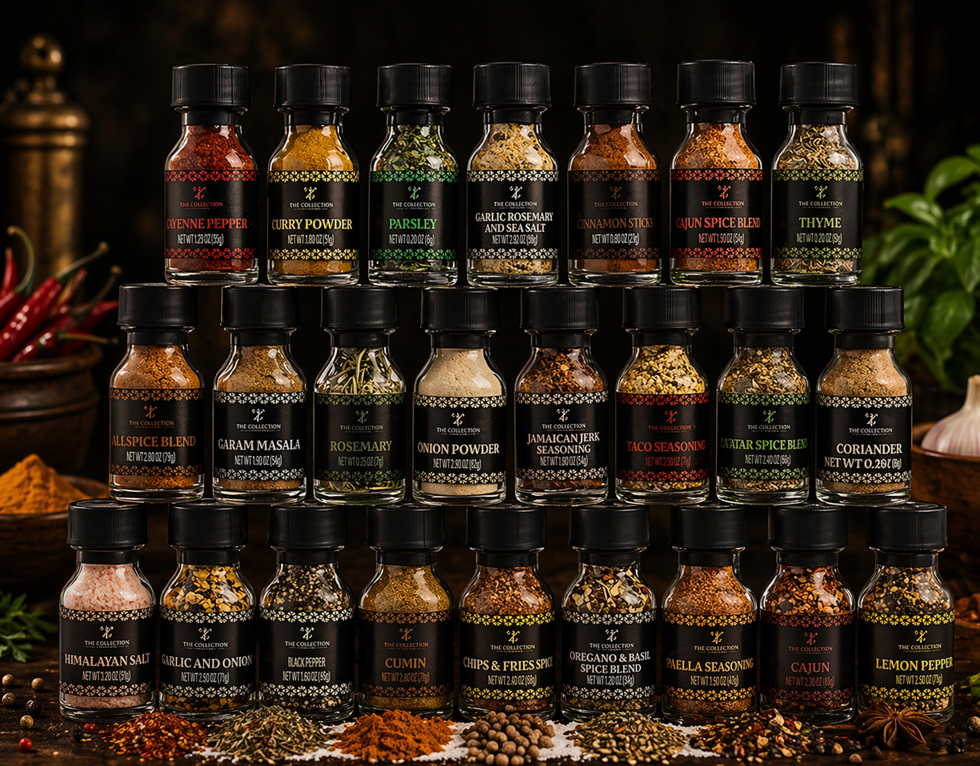 All 24 Tilz Collection gourmet spice bottles displayed in three rows on rustic wooden surface with loose spices and herbs
