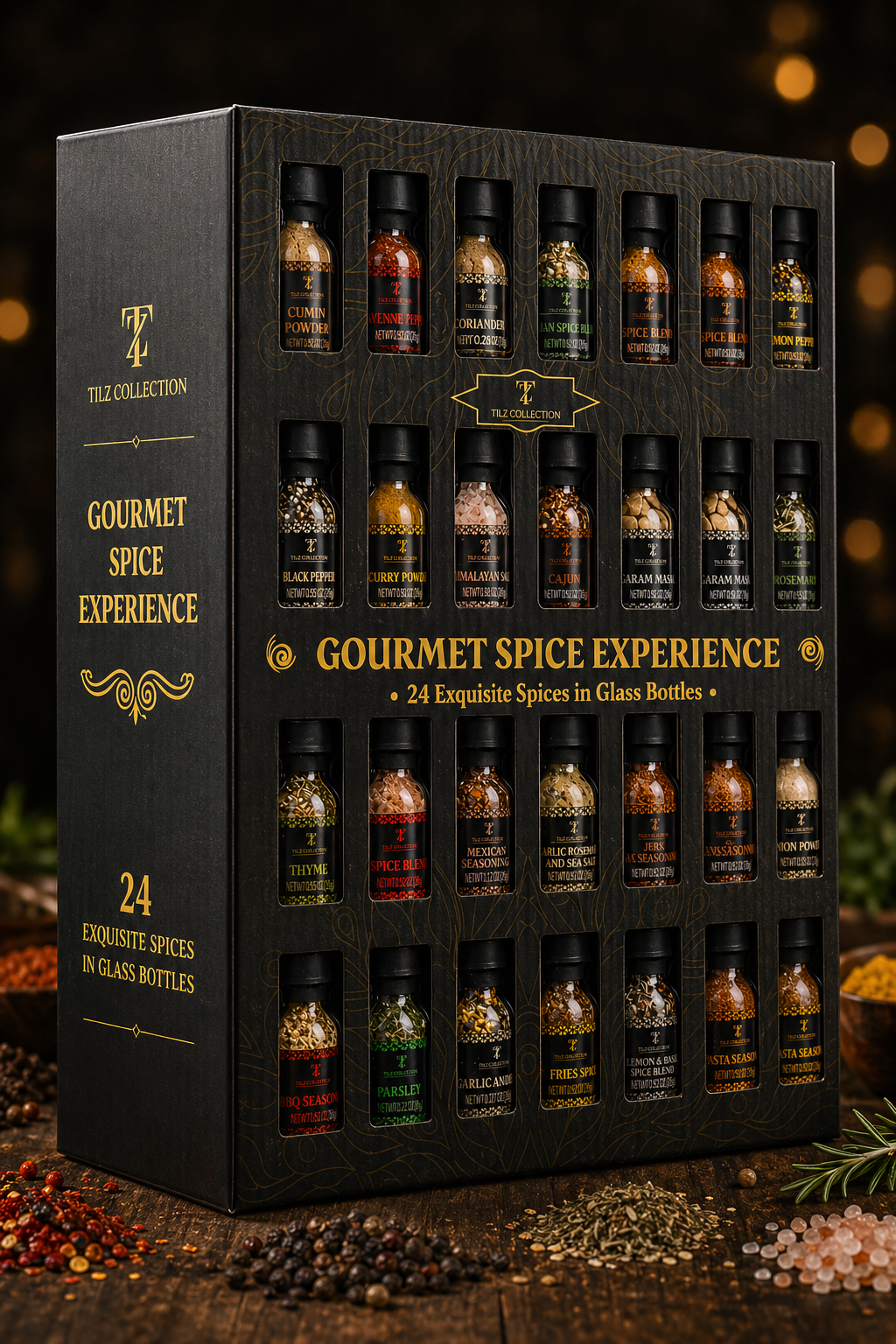 Tilz Collection Imperial Chefs Spice Library premium gift box side angle view showing 24 gourmet spice jars on rustic wooden surface with loose spices and herbs