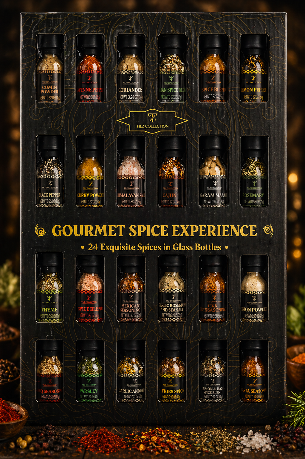 Tilz Collection Imperial Chefs Spice Library gift box front view showing 24 gourmet spice jars in premium display case with Gourmet Spice Experience branding