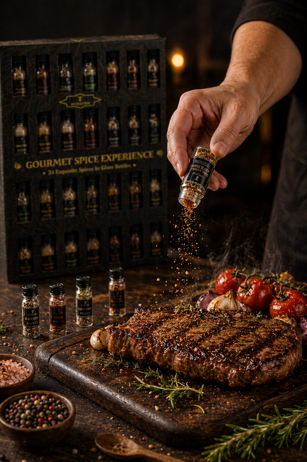 Hand seasoning grilled steak with Tilz Collection gourmet spices from Imperial Chefs Spice Library gift box visible in background with rosemary and cherry tomatoes