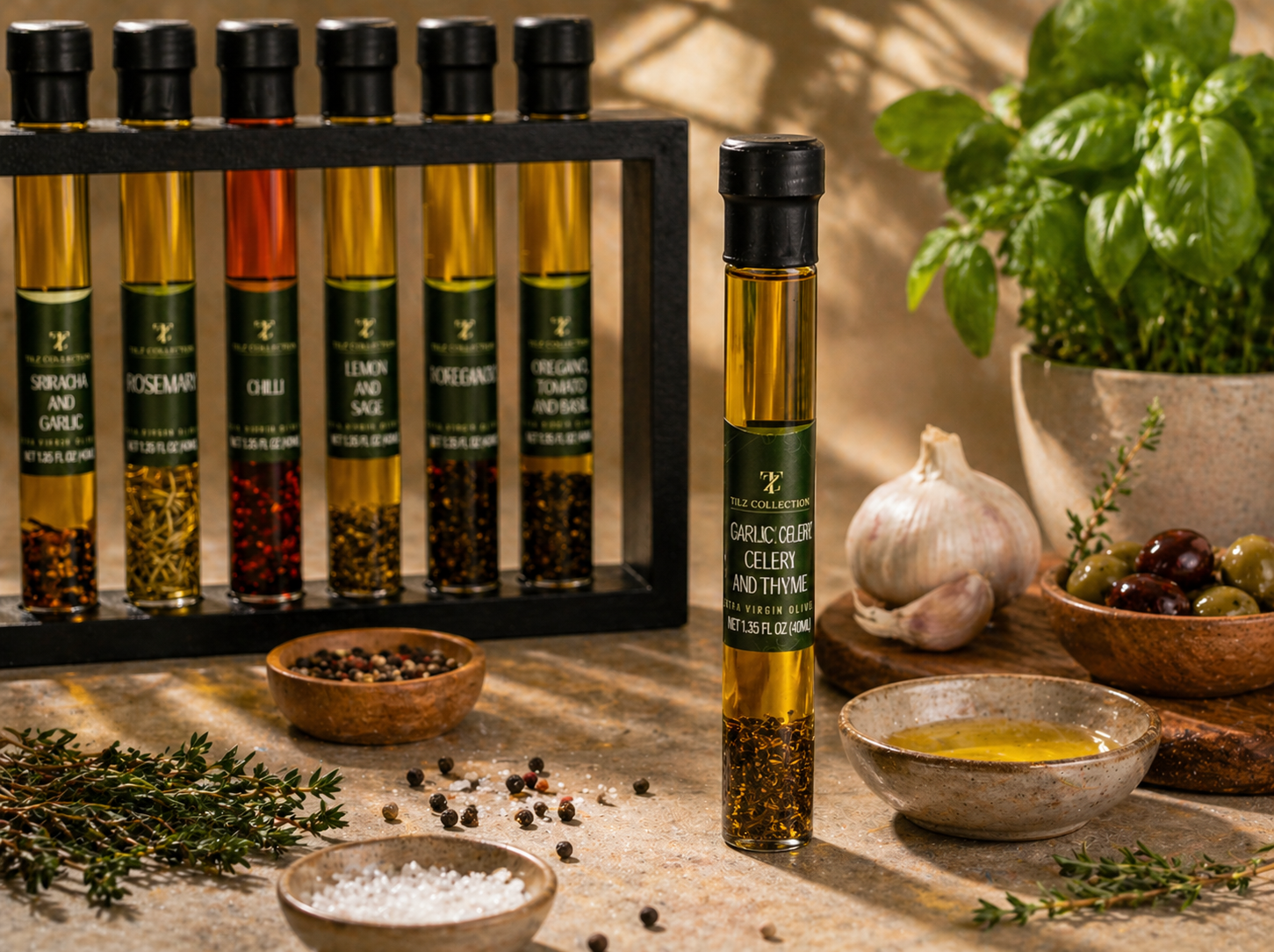 Tilz Collection Infused Oil Gift Set angle view with garlic celery and thyme bottle in foreground wooden rack display garlic bulb olives peppercorns and fresh herbs on rustic surface