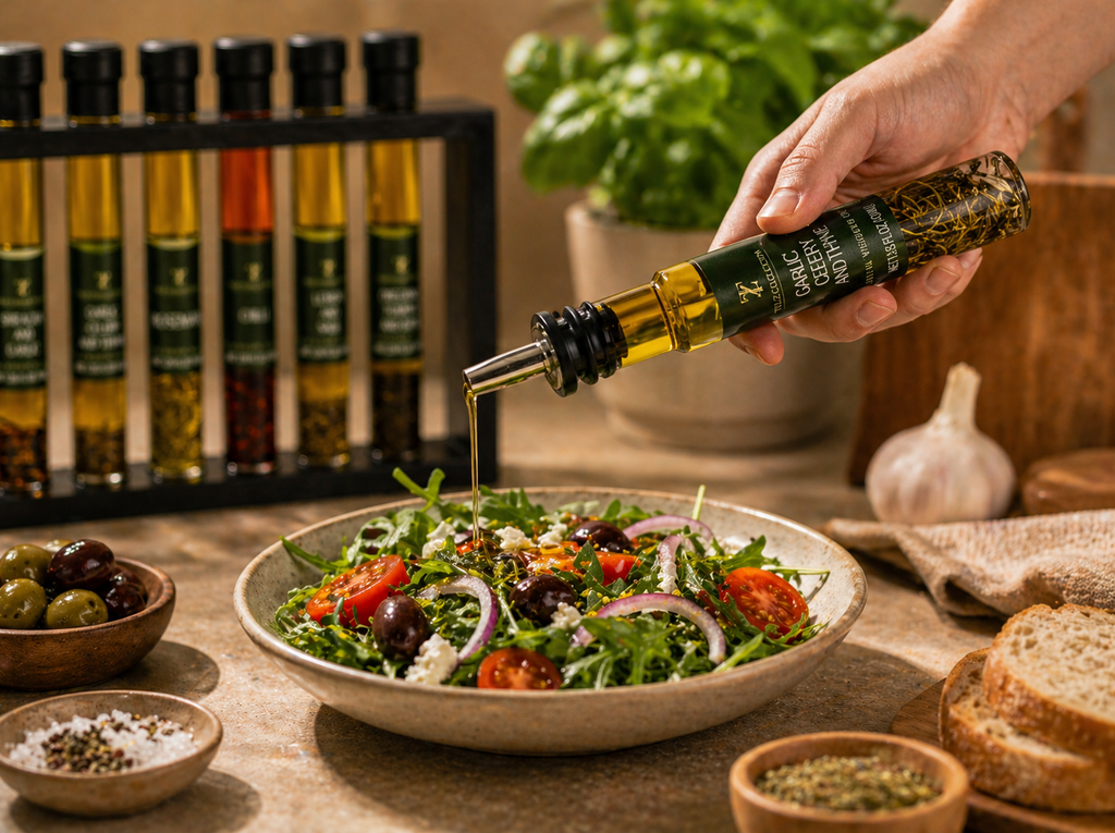 Person drizzling Tilz Collection infused olive oil over fresh salad with wooden rack gift set and various ingredients on rustic wooden table lifestyle cooking scene