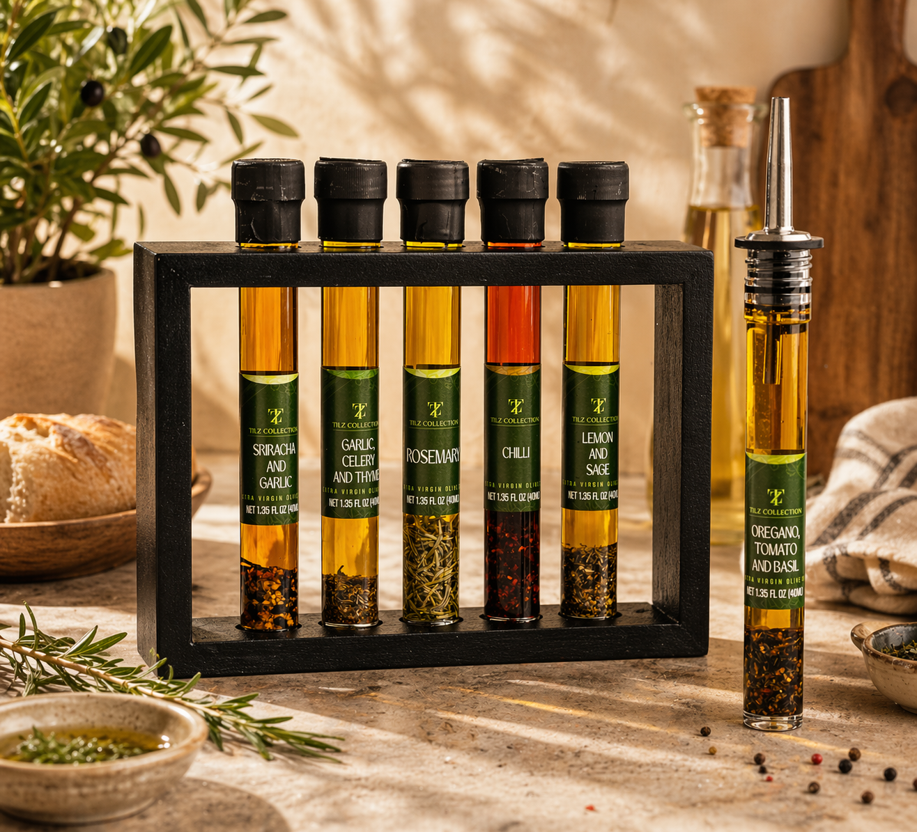 Tilz Collection Infused Oil Gift Set front view 6 gourmet cooking oils and balsamic blends in wooden rack with stainless steel pourer plug displayed fresh herbs and plant in background