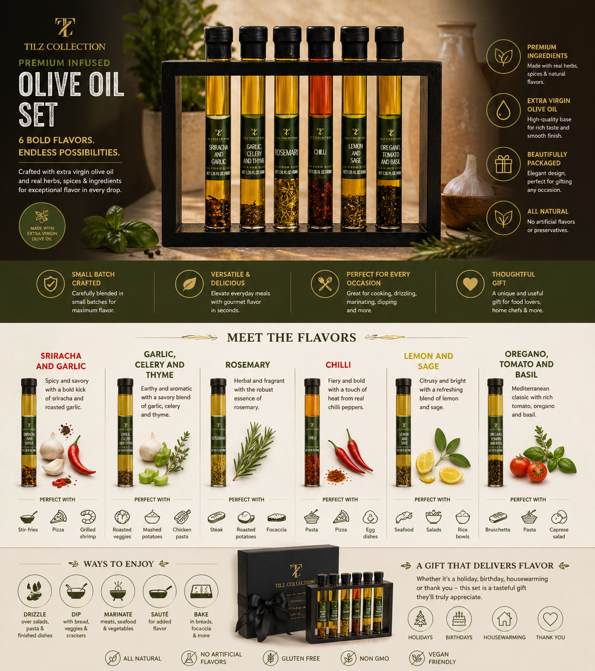 Tilz Collection Infused Oil Gift Set infographic showing 6 gourmet cooking oils sriracha garlic celery thyme rosemary chilli lemon sage oregano tomato basil with flavour descriptions and product details on branded background