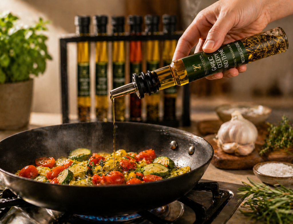 Person pouring Tilz Collection infused olive oil into frying pan with fresh vegetables on stove oil bottle gift set rack visible in background lifestyle cooking scene