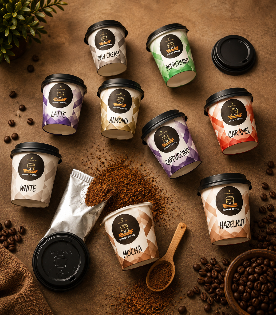 Tilz Collection Instant Coffee Gift Set showing all 9 premium coffee cup flavours including Irish Cream, Peppermint, Latte, Almond, Cappuccino, Caramel, White, Mocha and Hazelnut arranged on brown surface with coffee beans and wooden scoop