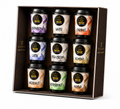 Tilz Collection Instant Coffee Gift Set 9 premium blend coffee cups in gift box top view showing Cappuccino White Caramel Latte Irish Cream Almond Hazelnut Peppermint Mocha flavours colourful packaging