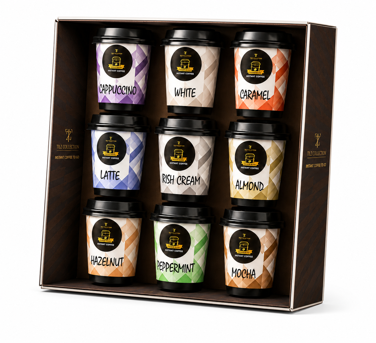 Tilz Collection Instant Coffee Gift Set 9 premium blend coffee cups in gift box top view showing Cappuccino White Caramel Latte Irish Cream Almond Hazelnut Peppermint Mocha flavours colourful packaging