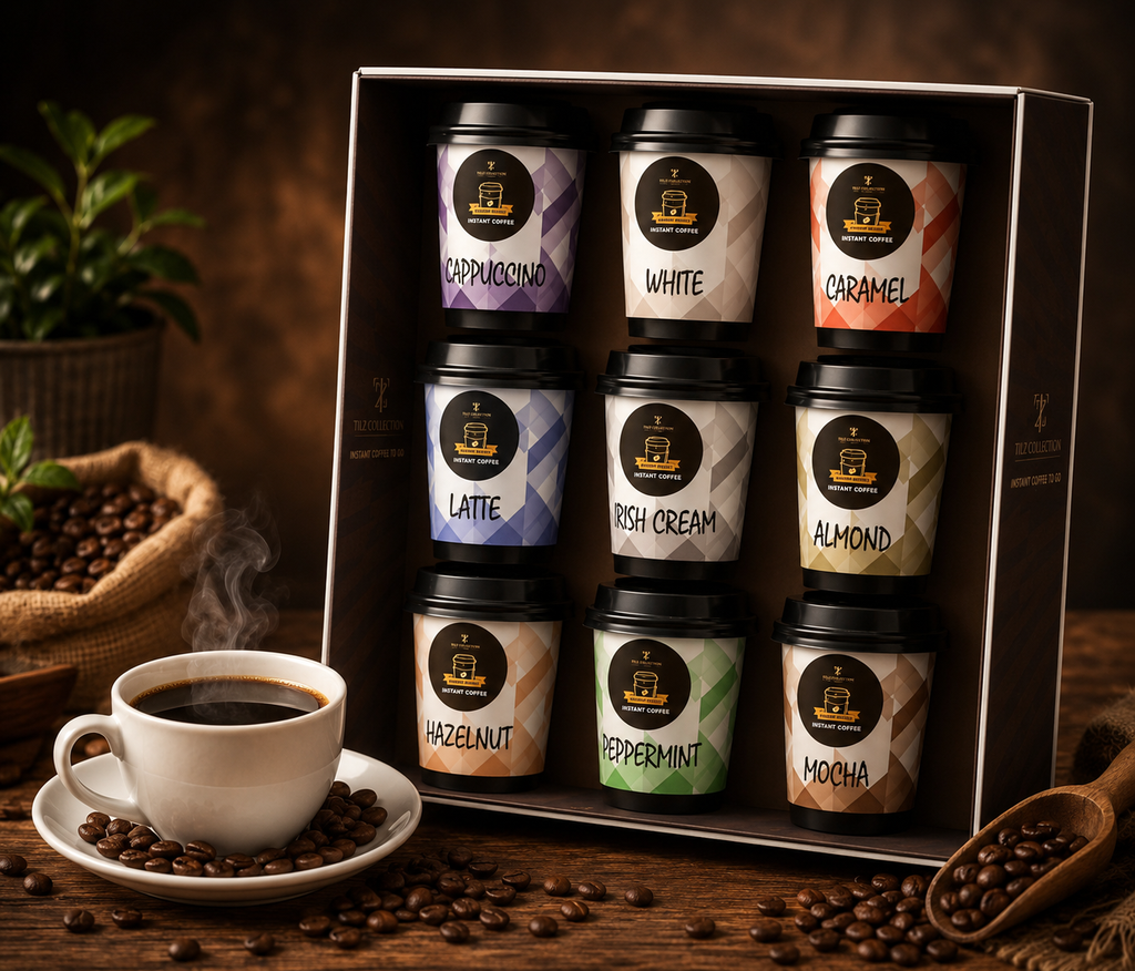 Tilz Collection Instant Coffee Gift Set angle view of 9 premium blend coffee cups in open gift box on wooden table with brewed coffee cup saucer and scattered coffee beans rustic atmosphere