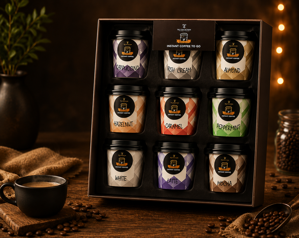 Tilz Collection Instant Coffee To Go gift set front view showing 9 premium coffee cups neatly arranged in black presentation box with Cappuccino, Irish Cream, Almond, Hazelnut, Caramel, Peppermint, White, Latte and Mocha flavours