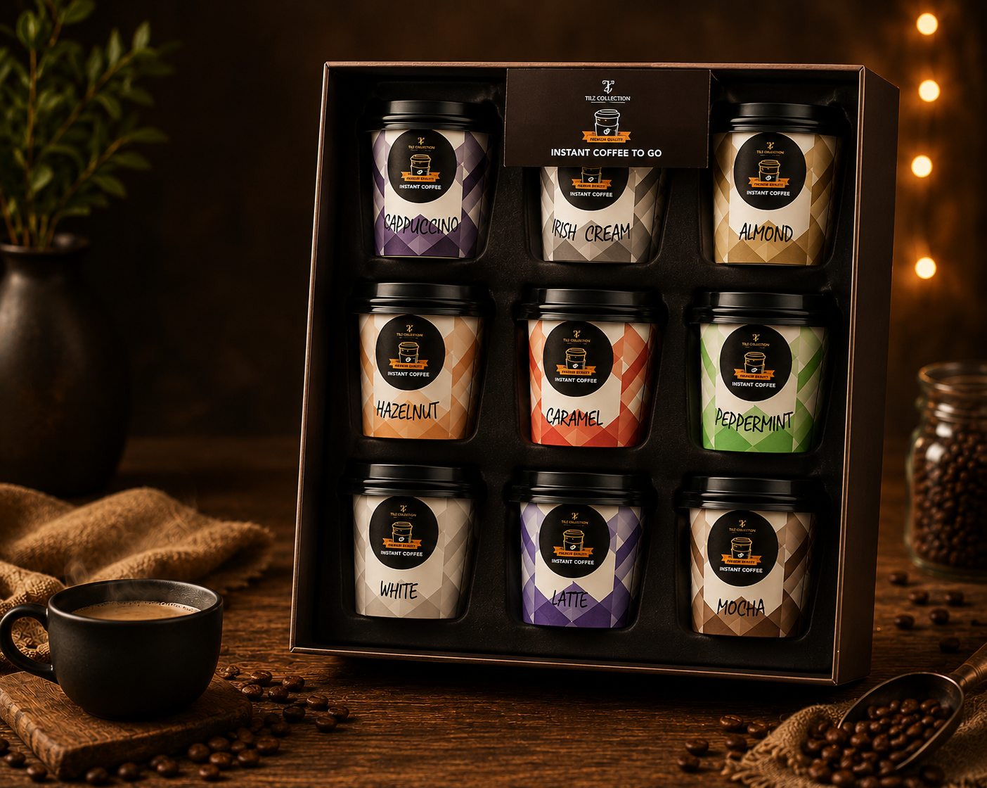 Tilz Collection Instant Coffee To Go gift set front view showing 9 premium coffee cups neatly arranged in black presentation box with Cappuccino, Irish Cream, Almond, Hazelnut, Caramel, Peppermint, White, Latte and Mocha flavours