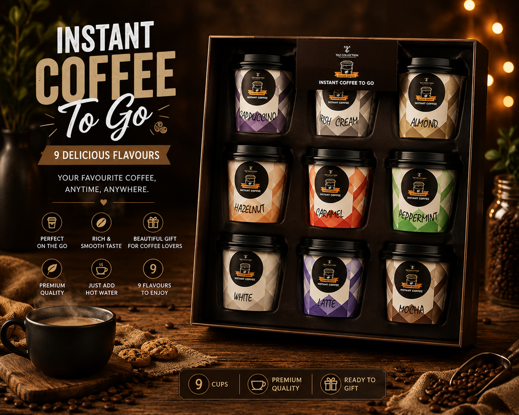 Tilz Collection Instant Coffee To Go gift set front view showing 9 delicious flavours in black gift box with product information including Cappuccino, Irish Cream, Almond, Hazelnut, Caramel, Peppermint, White, Latte and Mocha