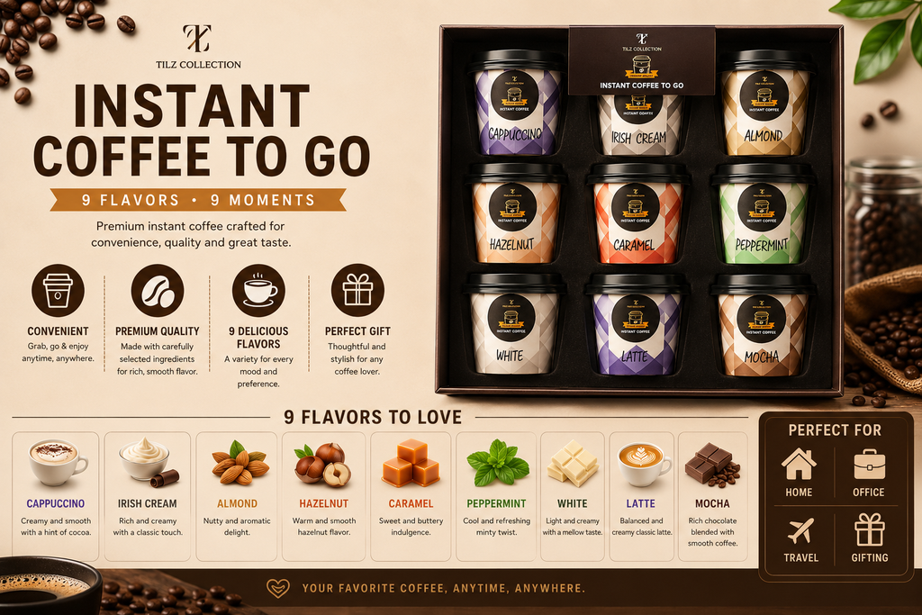 Tilz Collection Instant Coffee To Go gift set infographic showing 9 flavours to love including Cappuccino, Irish Cream, Almond, Hazelnut, Caramel, Peppermint, White, Latte and Mocha with flavour descriptions and perfect for home, office, travel and gifting