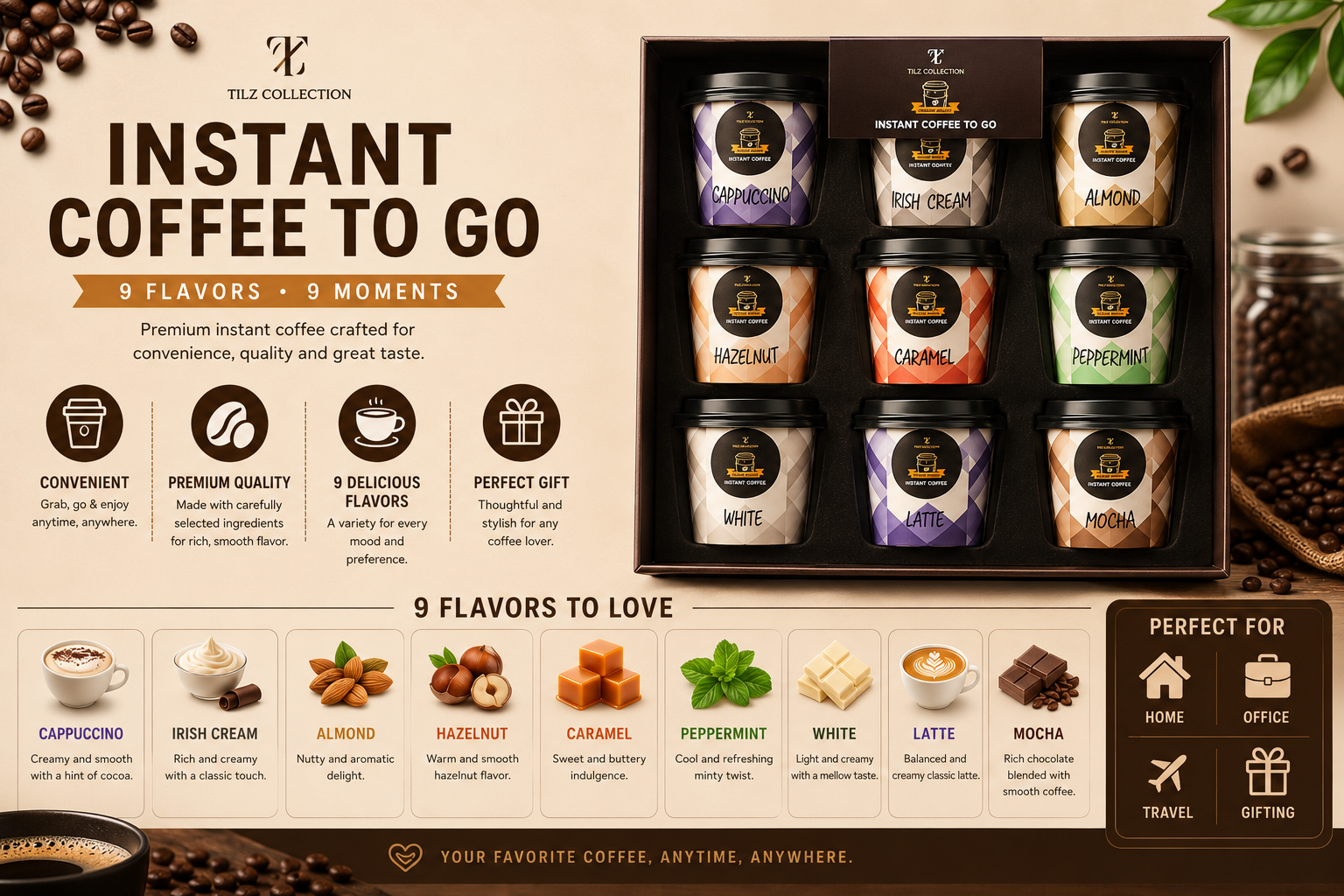 Tilz Collection Instant Coffee To Go gift set infographic showing 9 flavours to love including Cappuccino, Irish Cream, Almond, Hazelnut, Caramel, Peppermint, White, Latte and Mocha with flavour descriptions and perfect for home, office, travel and gifting