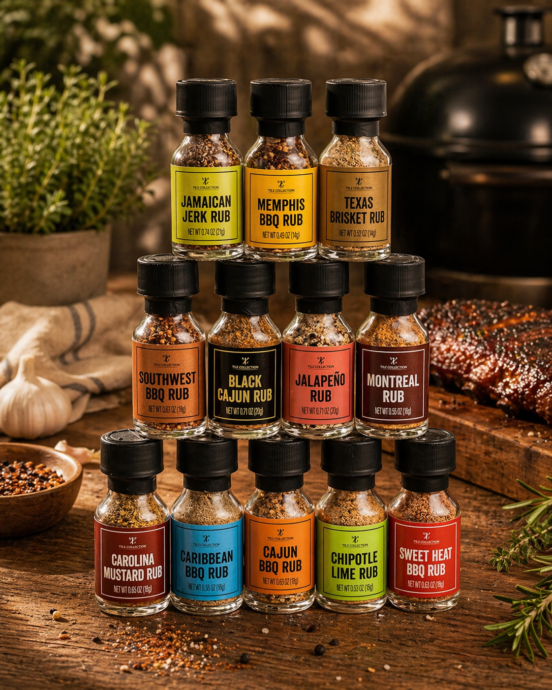 All 12 Tilz Collection BBQ rub and seasoning bottles arranged in pyramid display on wooden surface with herbs and spices