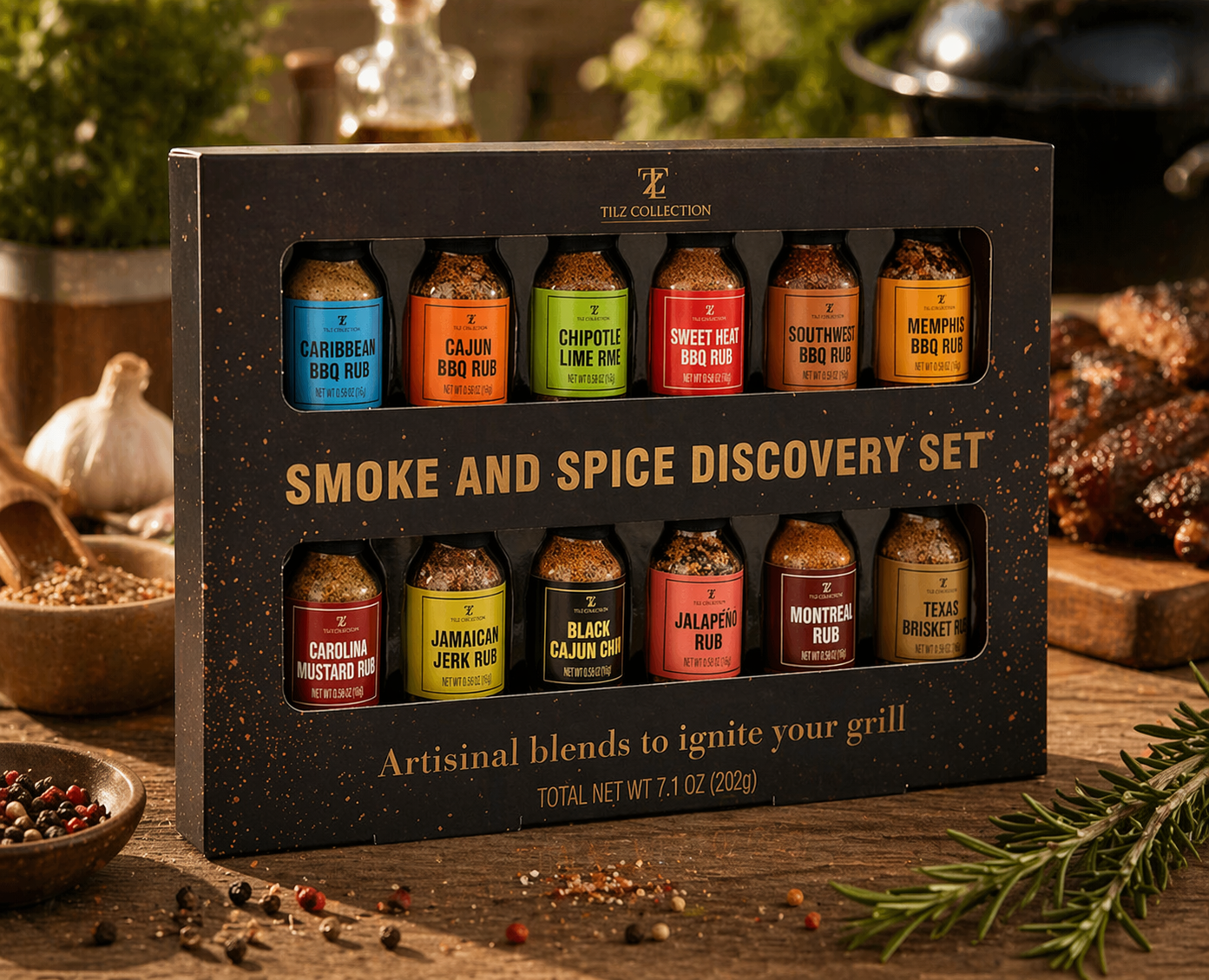 Tilz Collection Smoke and Spice Discovery Set 12-pack front view showing all BBQ rubs and seasonings in premium gift box on wooden surface