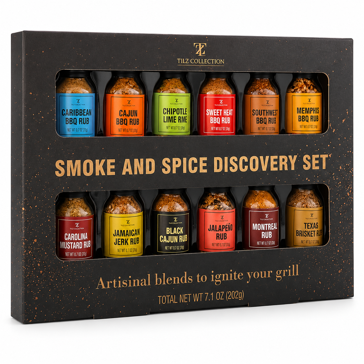 Tilz Collection Spice and Herb Discovery Set with 12 gourmet BBQ rubs and seasonings in premium gift box