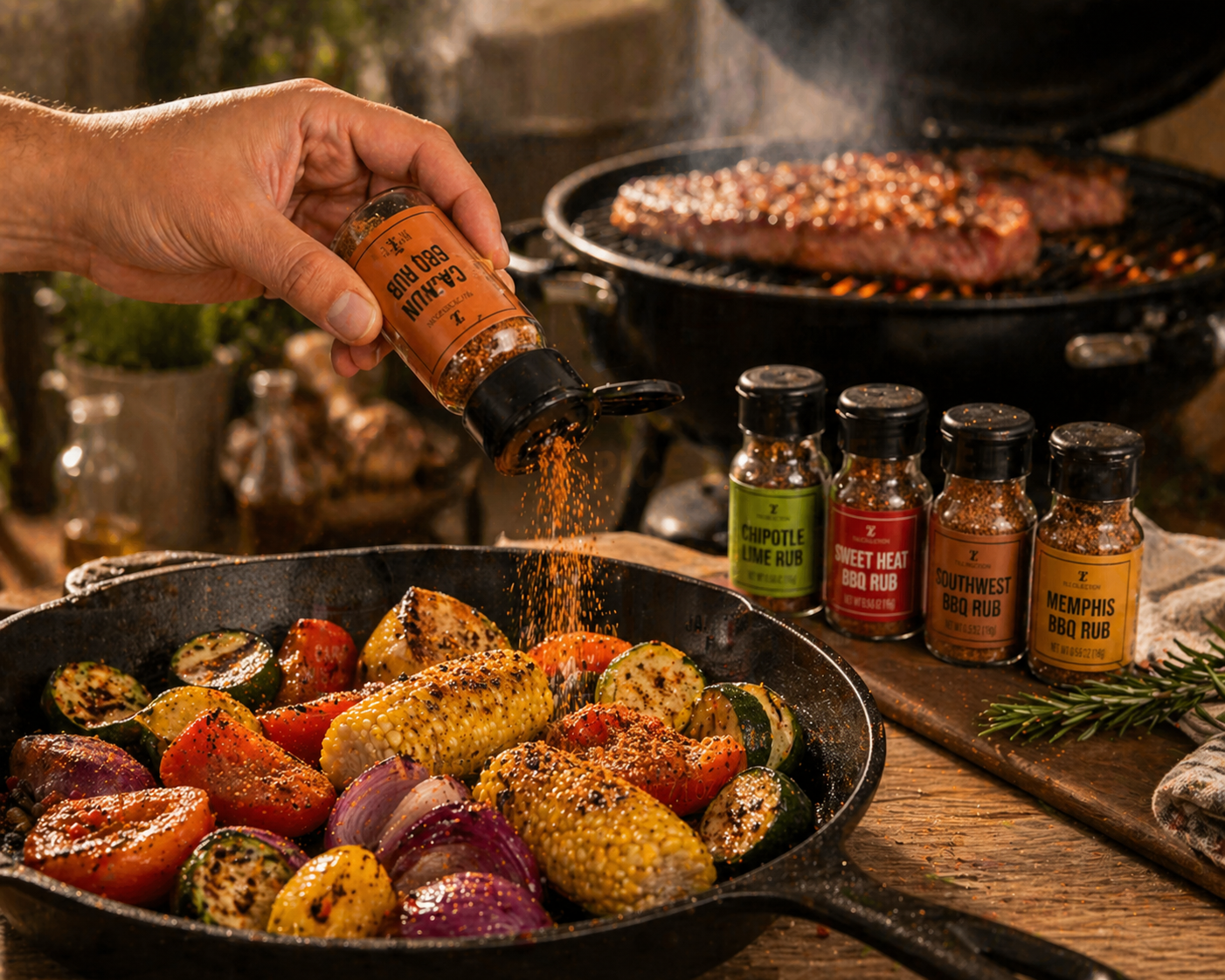 Hand sprinkling Tilz Collection BBQ rub over grilled vegetables in cast iron pan with spice bottles in background