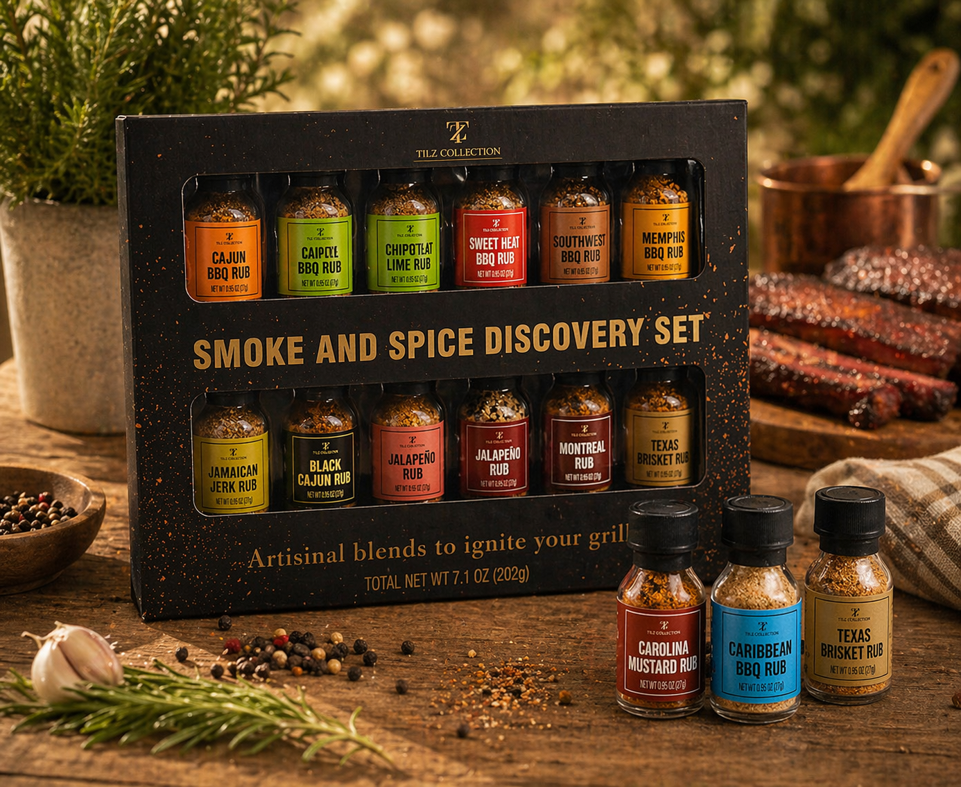 Tilz Collection Smoke and Spice Discovery Set displayed on rustic wooden surface with 12 gourmet BBQ rubs and individual spice bottles