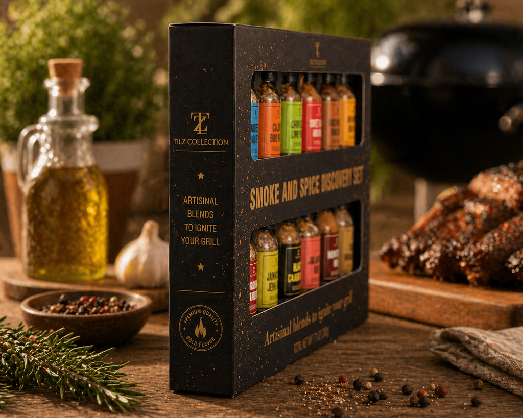 Tilz Collection Smoke and Spice Discovery Set side view showing gift box packaging on wooden table with olive oil and grill