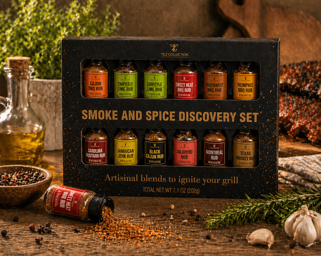 Tilz Collection Smoke and Spice Discovery Set gift box with scattered spice bottles on rustic wooden surface with garlic and peppercorns