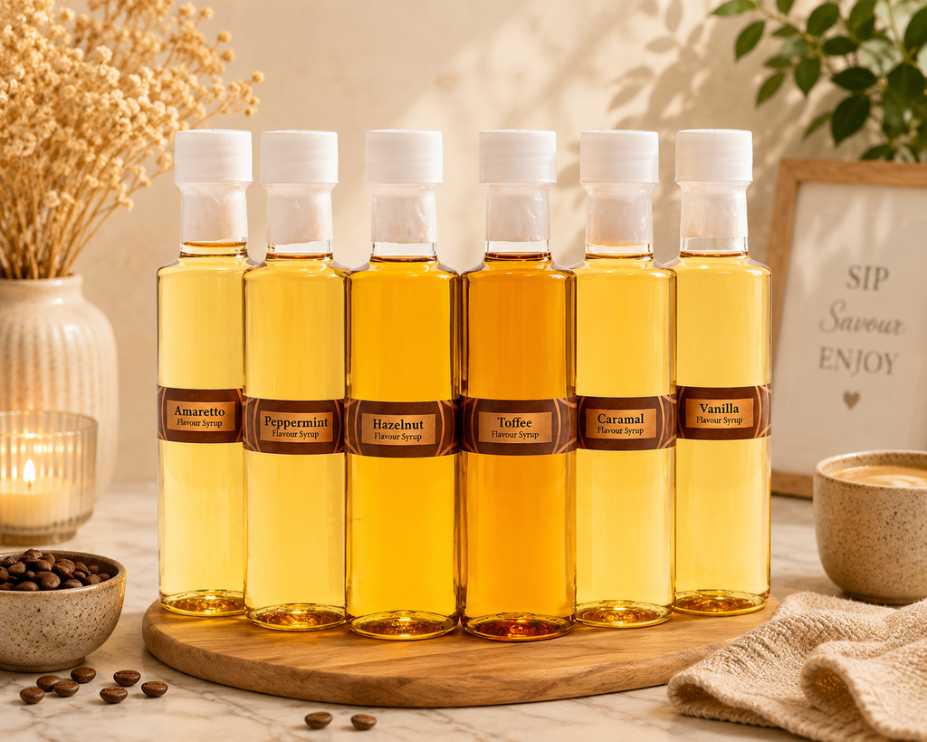 Tilz Collection Sugar Free Coffee Syrup Gift Set 6 cafe flavour bottles displayed on rustic wooden board with Sip Savour Enjoy sign coffee beans and warm candle styling