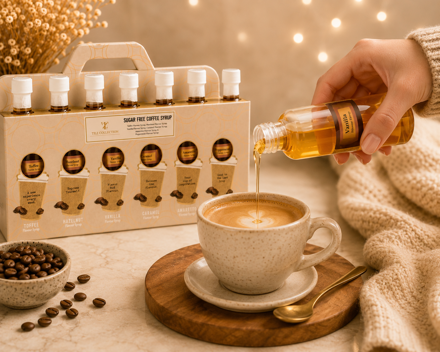 Hand pouring Tilz Collection sugar free vanilla coffee syrup into latte cup with gift set carrier box and roasted coffee beans in background warm bokeh lighting