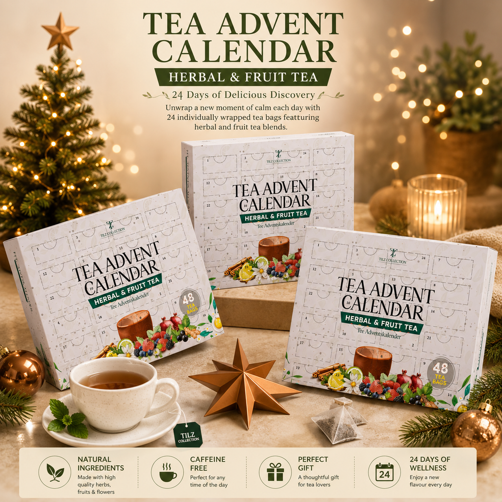 Tilz Collection Tea Advent Calendar 2026 multiple views with Christmas decorations candle and cup of herbal tea showing natural caffeine-free gift features