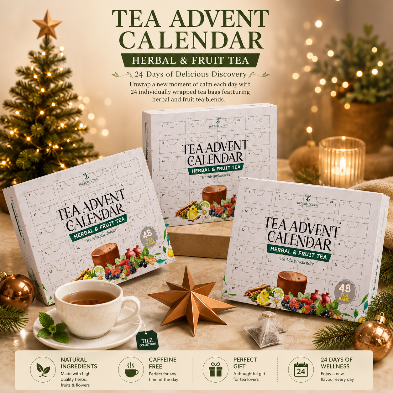 Tilz Collection Tea Advent Calendar 2026 multiple views with Christmas decorations candle and cup of herbal tea showing natural caffeine-free gift features