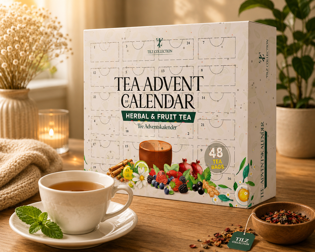 Tilz Collection Tea Advent Calendar 2026 angled view with cup of herbal tea candle knit blanket and loose tea leaves on wooden table