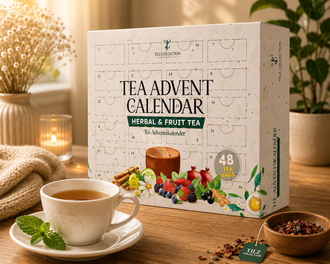 Tilz Collection Tea Advent Calendar 2026 angled view with cup of herbal tea candle knit blanket and loose tea leaves on wooden table