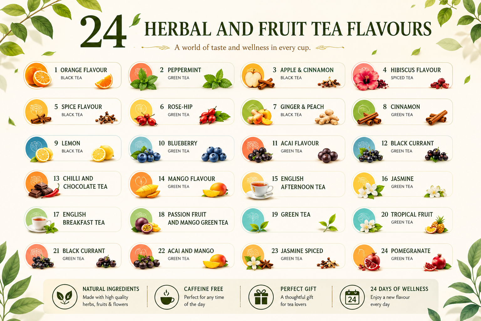 Tilz Collection Tea Advent Calendar infographic showing all 24 herbal and fruit tea flavours including orange peppermint apple cinnamon and hibiscus
