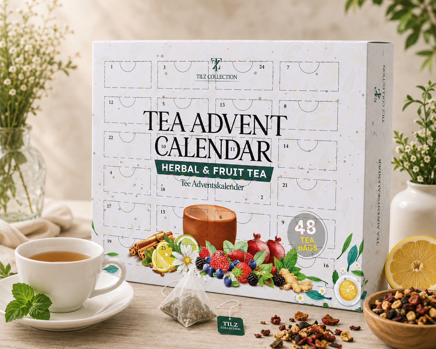 Tilz Collection Tea Advent Calendar 2026 front view with cup of herbal tea fresh fruits berries and tea bags on wooden surface