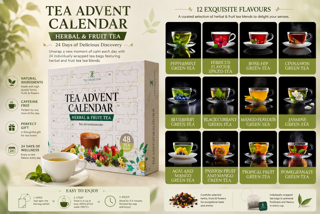 Tilz Collection Tea Advent Calendar infographic showing 12 exquisite herbal and fruit tea flavours with brewing guide and product features