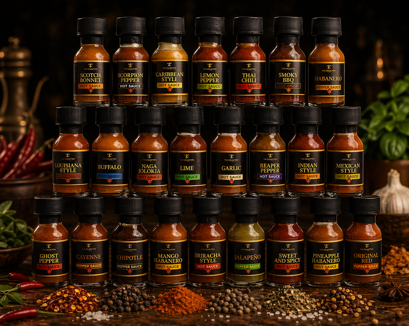 All 24 Tilz Collection gourmet hot sauce bottles displayed in three rows on rustic wooden surface with chilli peppers and spices
