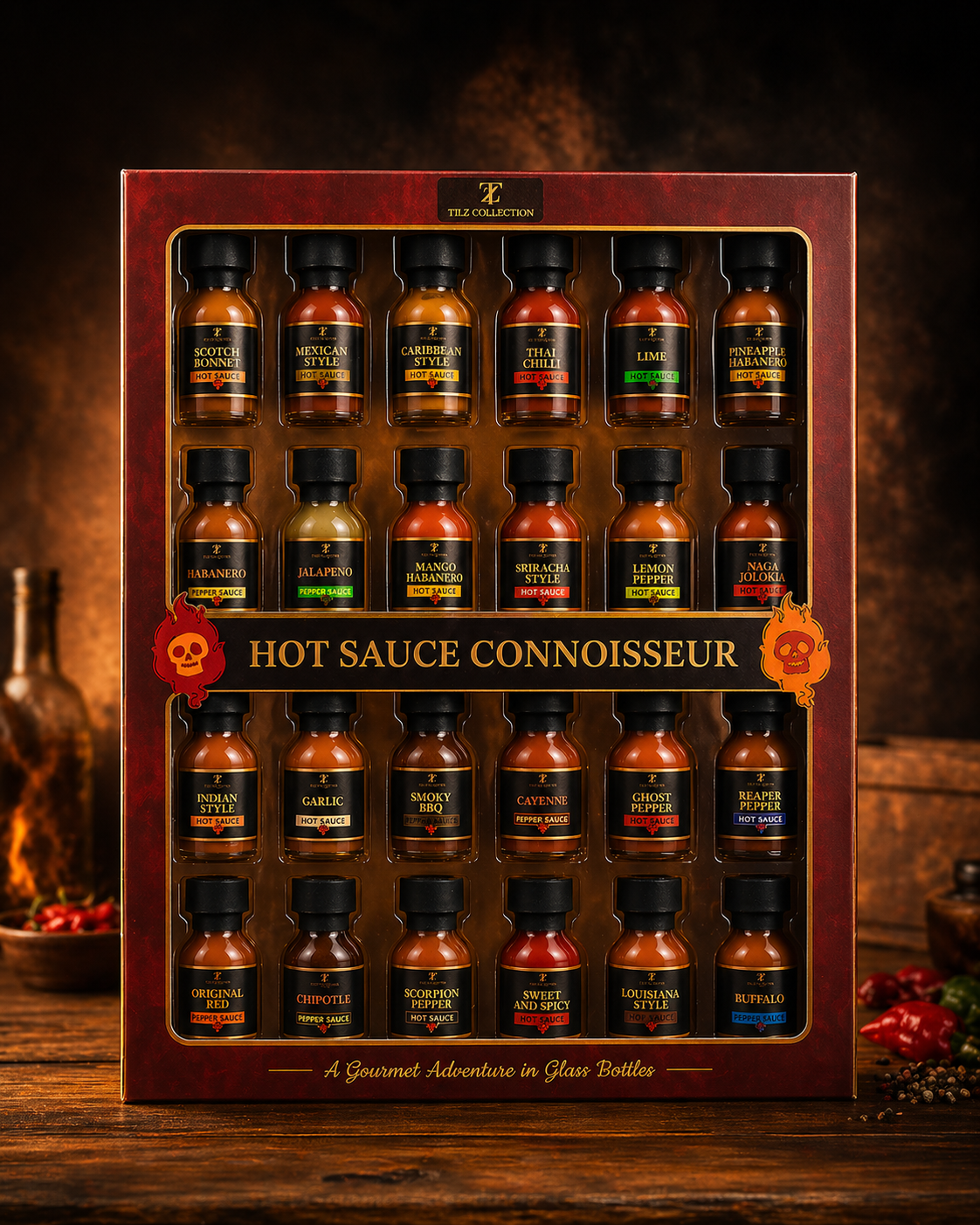 Tilz Collection Ultimate Hot Sauce Gift Set 24-pack front view showing all gourmet chilli sauce bottles in premium wooden display box