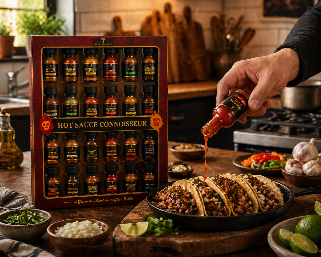 Hand pouring Tilz Collection hot sauce over fresh tacos with 24-pack gift box in background kitchen setting with limes and rice