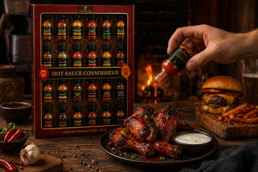 Hand pouring Tilz Collection hot sauce over grilled chicken wings with 24-pack gift box and burger in background by fireplace