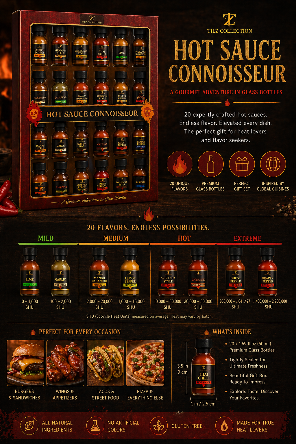 Tilz Collection Ultimate Hot Sauce Gift Set 24-pack infographic showing 20 flavours with heat levels from mild to extreme and food pairing guide