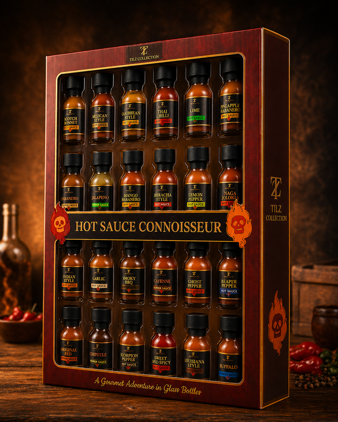 Tilz Collection Ultimate Hot Sauce Gift Set 24-pack side angle view showing premium gift box packaging with all chilli sauce bottles visible