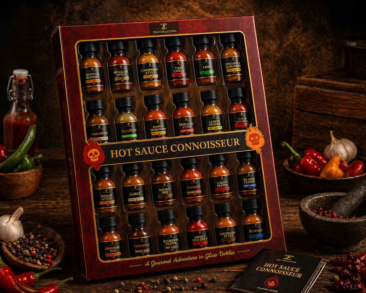Tilz Collection Ultimate Hot Sauce Gift Set 24-pack open box on rustic wooden surface with fresh chilli peppers garlic and spices