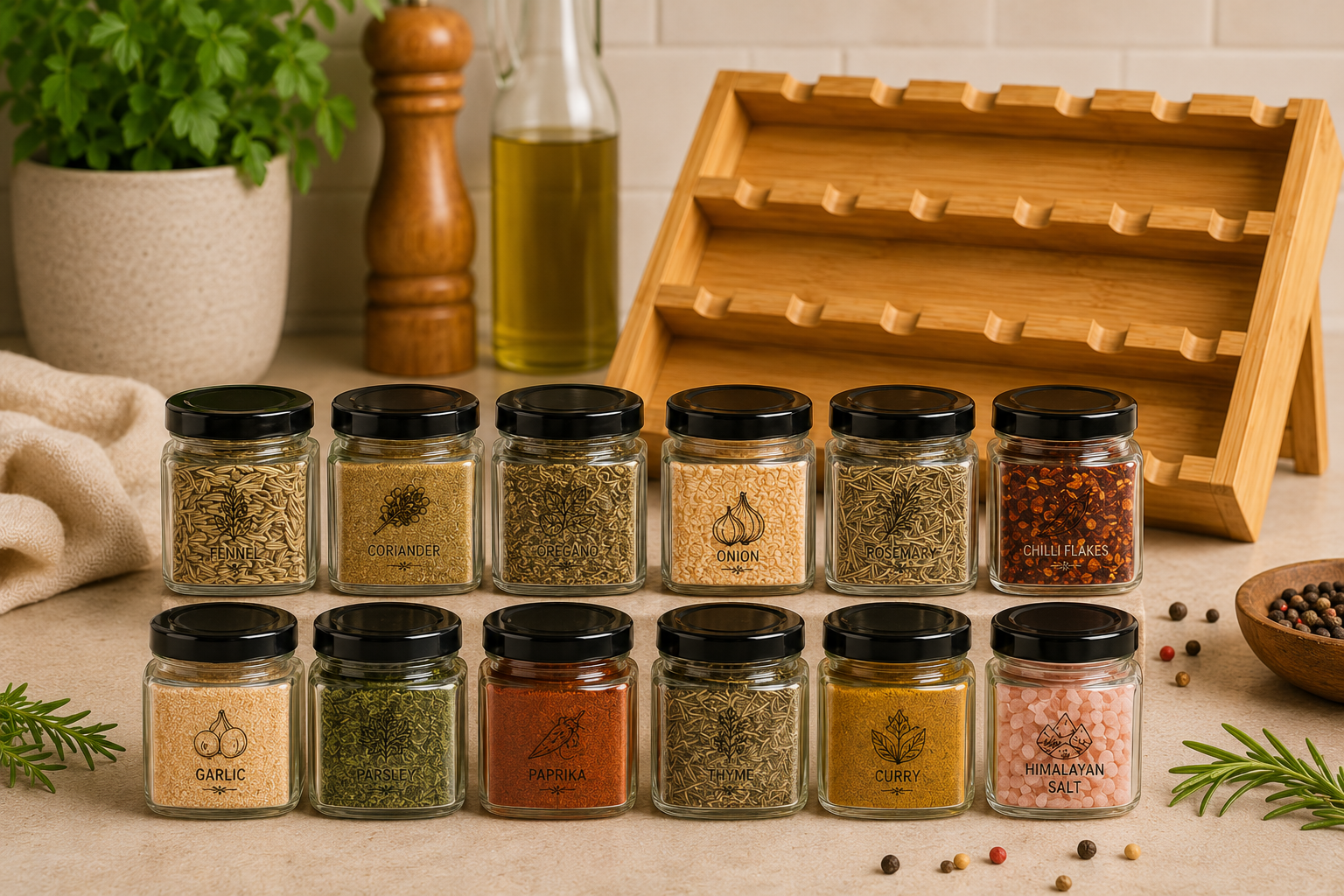 Tilz Collection Wooden Spice Rack Gift Set 12 premium spice jars with black lids displayed in front of bamboo rack including garlic coriander onion chilli flakes paprika curry and Himalayan salt on light kitchen surface