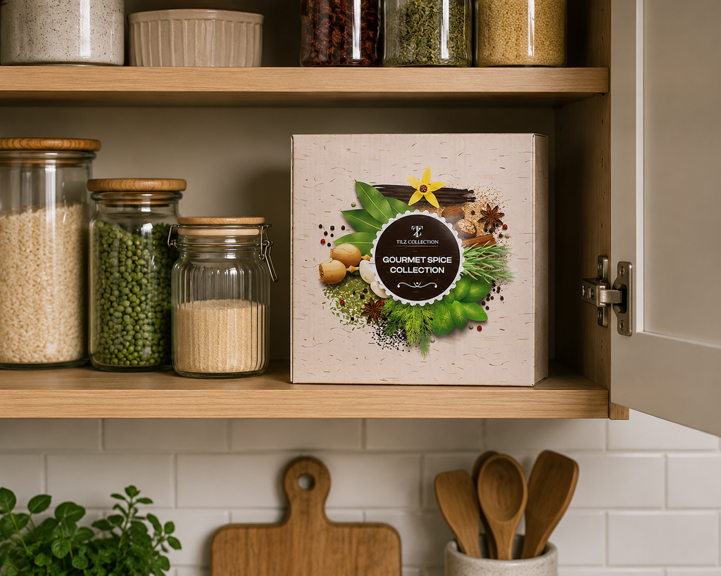 Tilz Collection Wooden Spice Rack Gift Set gift box on kitchen shelf Gourmet Spice Collection packaging with herbs and spices illustration alongside glass jars wooden utensils and fresh herbs in modern kitchen