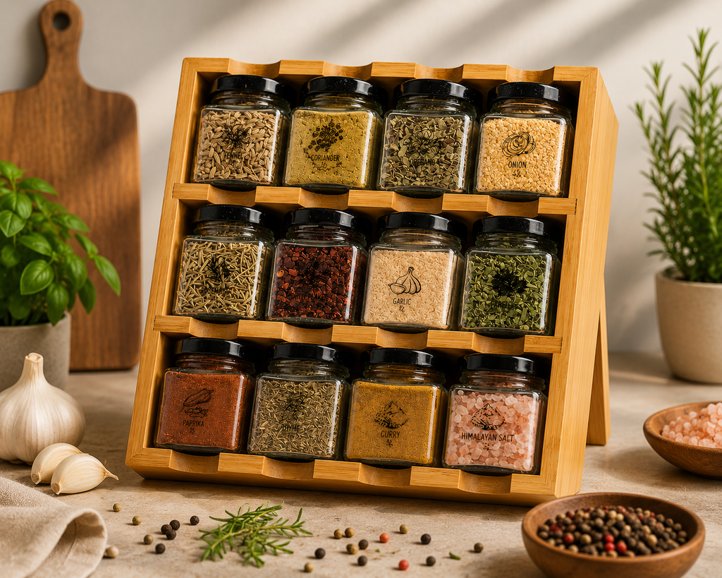 Tilz Collection Wooden Spice Rack Gift Set front view without box 12 premium spice tins in handcrafted wooden rack with fresh herbs garlic peppercorns and pink Himalayan salt on dark kitchen surface