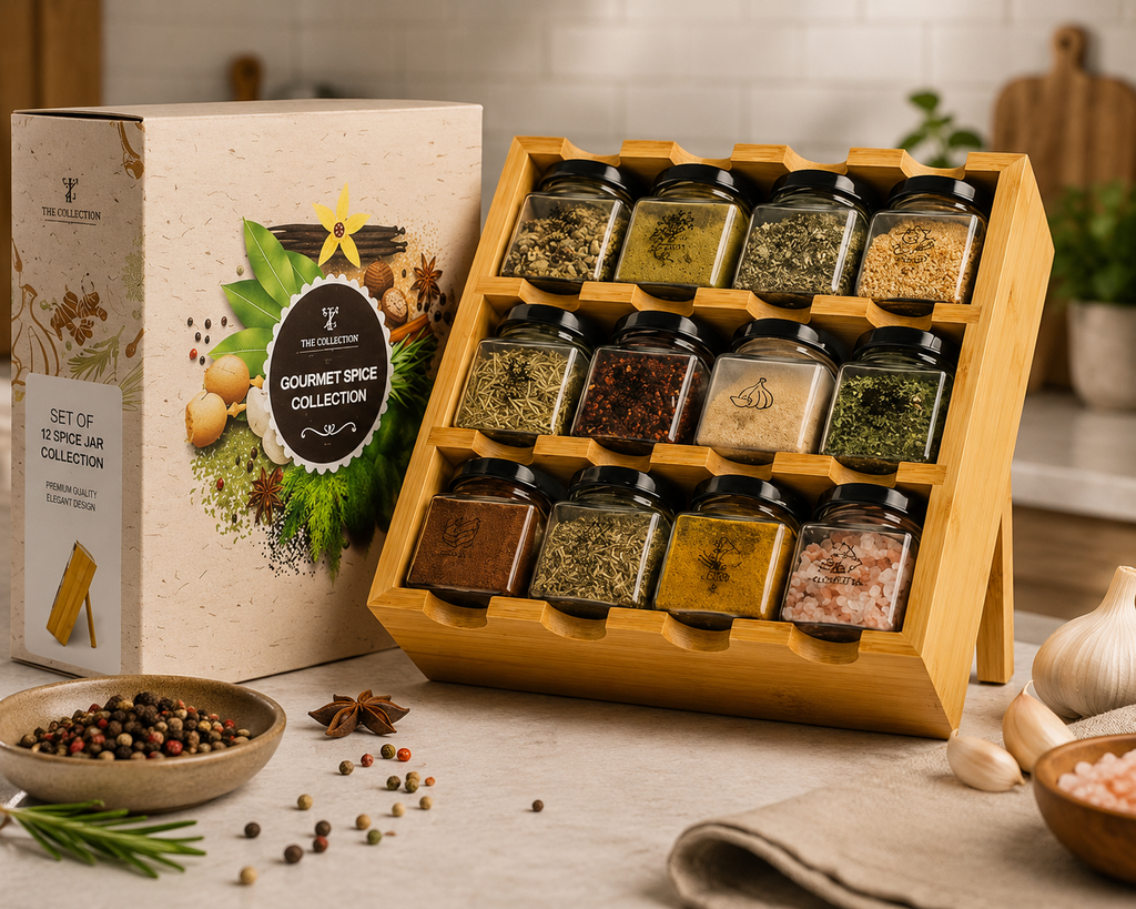 Tilz Collection Wooden Spice Rack Gift Set front view 12 premium spice tins in handcrafted wooden rack with gift box packaging garlic star anise peppercorns and pink salt on kitchen counter