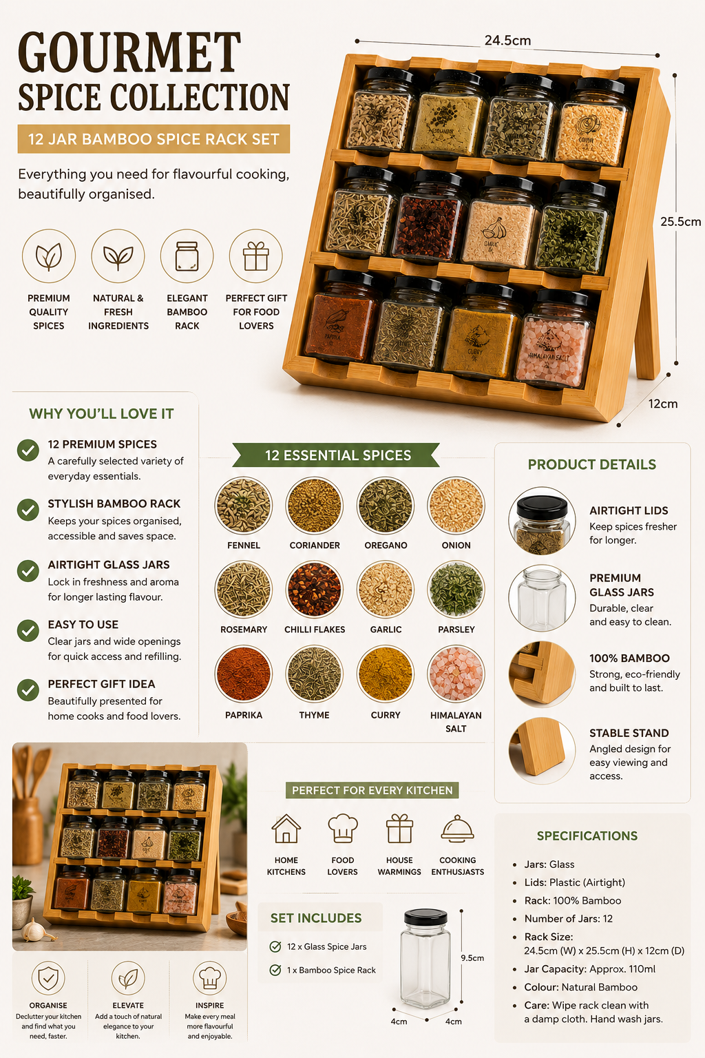 Tilz Collection Wooden Spice Rack Gift Set infographic showing 12 premium spice tins in bamboo rack product features 12 essential spices airtight glass jars product details specifications and lifestyle images gourmet cooking gift