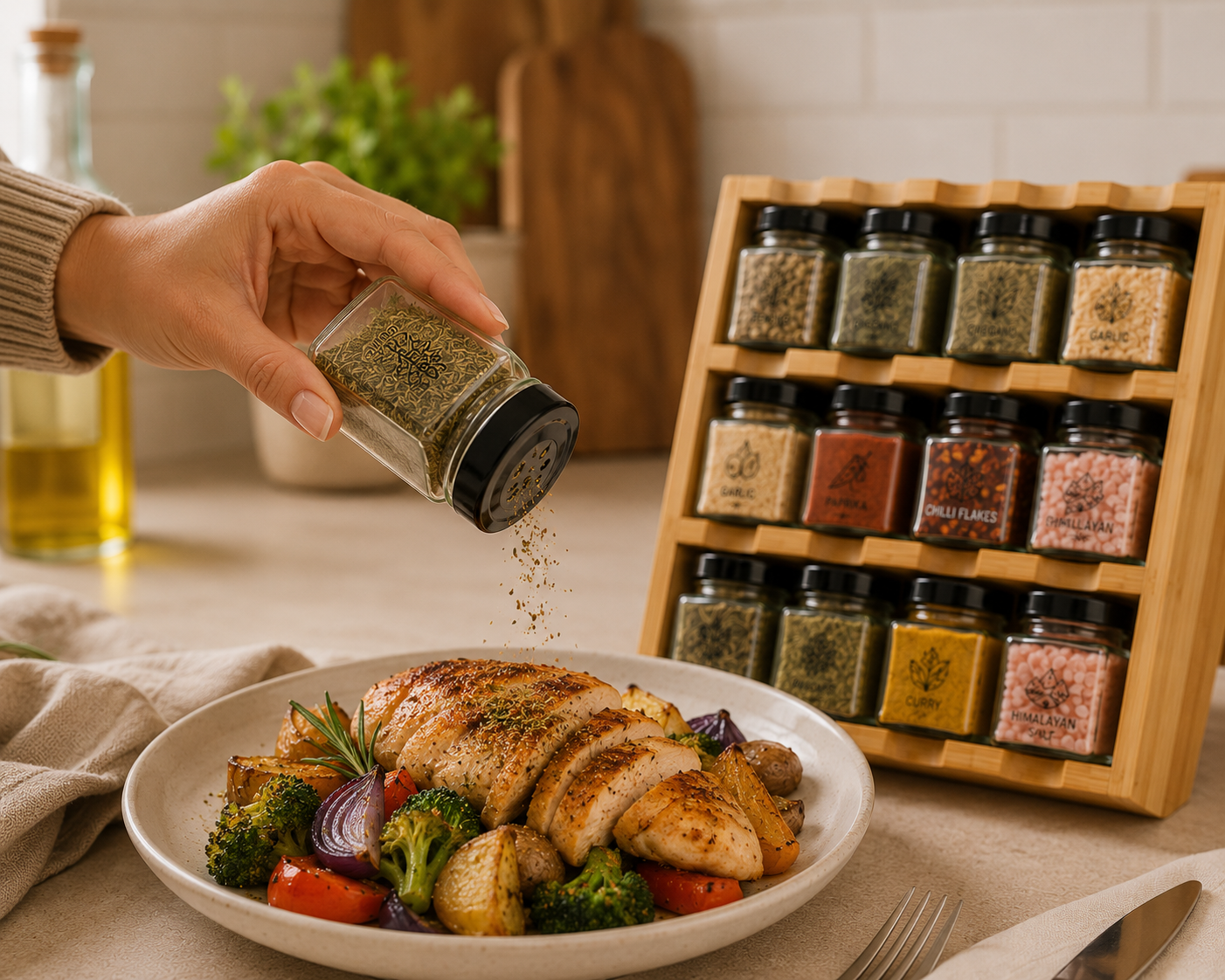 Hand seasoning roasted vegetables and chicken with Tilz Collection Wooden Spice Rack Gift Set 12 premium spice tins in wooden rack on kitchen counter gourmet cooking lifestyle scene