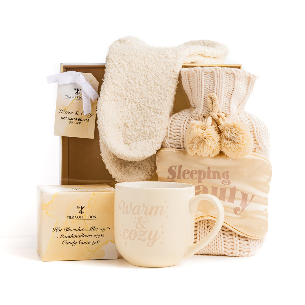 Tilz Collection Warm and Cosy Gift Set with hot water bottle, mug and socks in a neutral gift box